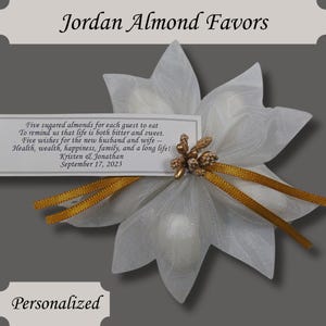 White Jordan Almond Ribbon Flower Favors with Gold Berry Accent and Favor Tag Wedding Bridal Shower Favors
