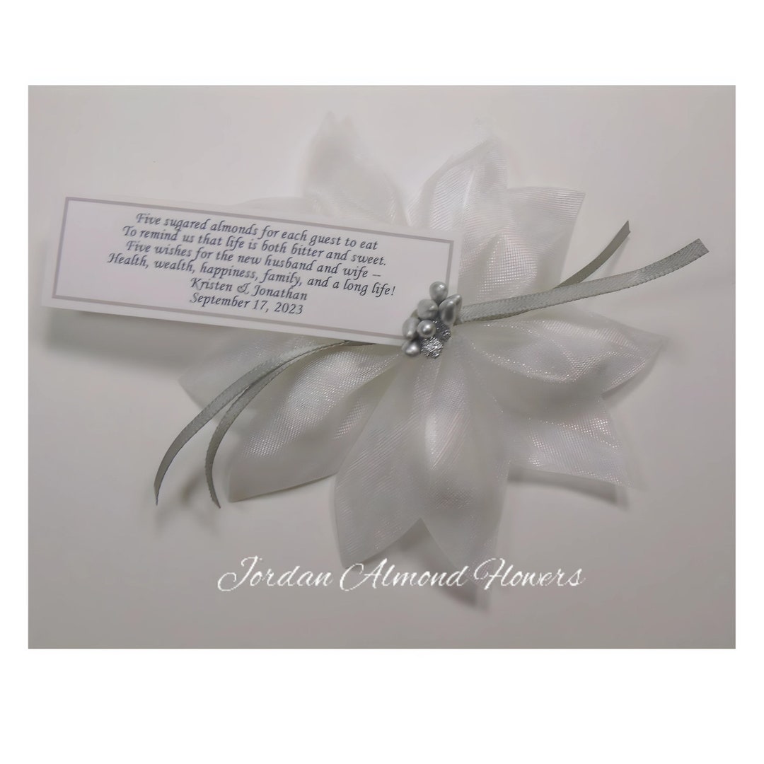 25 White Jordan Almond Ribbon Flower Favors With Silver Berry Accent