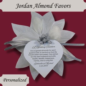 White Jordan Almond Ribbon Flower Favors with Silver Berry Accent and Heart Favor Tag Wedding Bridal Shower Favors