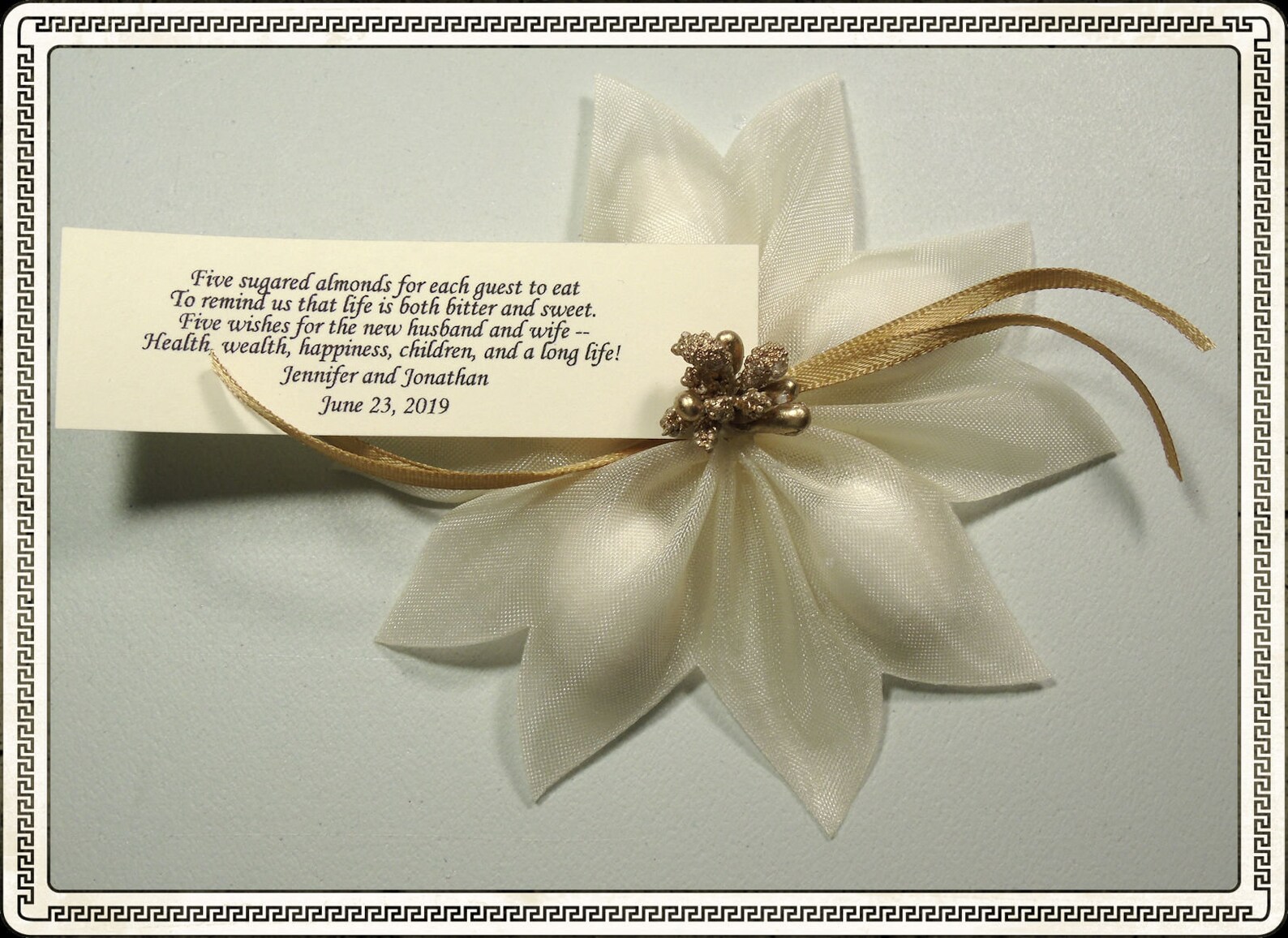 25 Ivory Jordan Almond Ribbon Flower Favors With Gold Berry Etsy