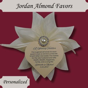 Ivory Jordan Almond Bonbonniere Favors with Rhinestone Pearl Accent and Personalized Heart Favor Tag Wedding Bridal Shower Favors