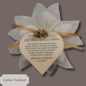 Ivory Jordan Almond Ribbon Flower Favors with Gold Berry Accent and Heart Favor Tag Wedding Bridal Shower Favors