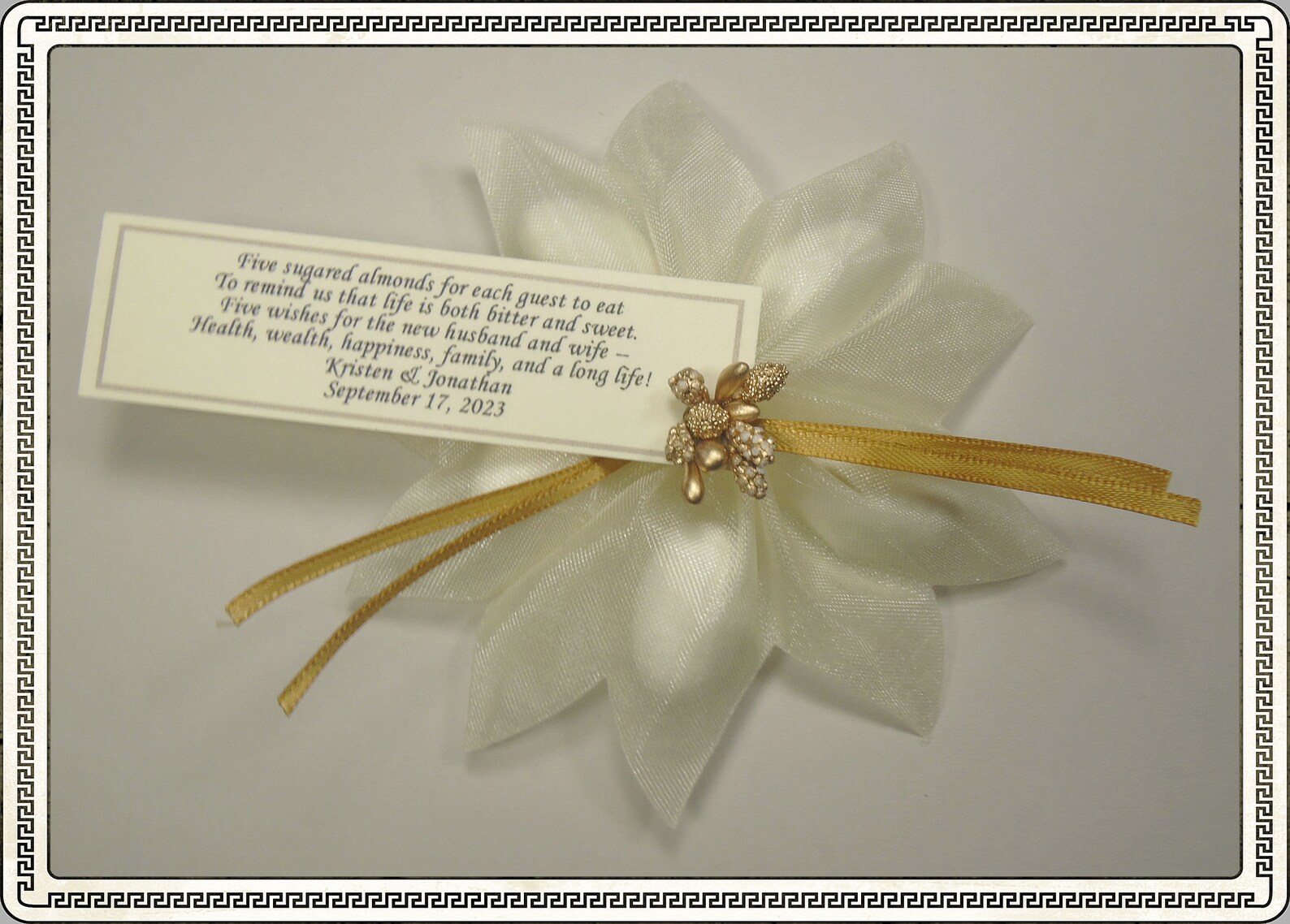Ivory Jordan Almond Ribbon Flower Favors With Gold Berry Etsy