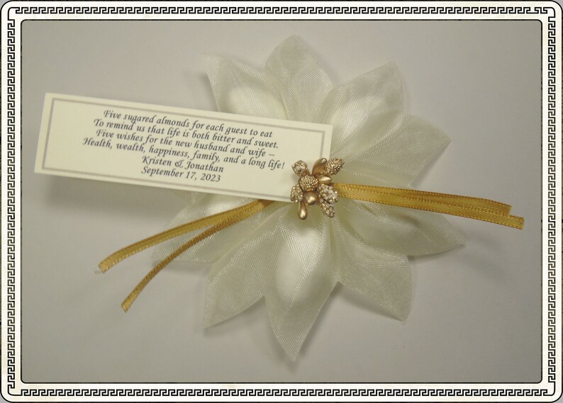 Ivory Jordan Almond Ribbon Flower Favors With Gold Berry Etsy