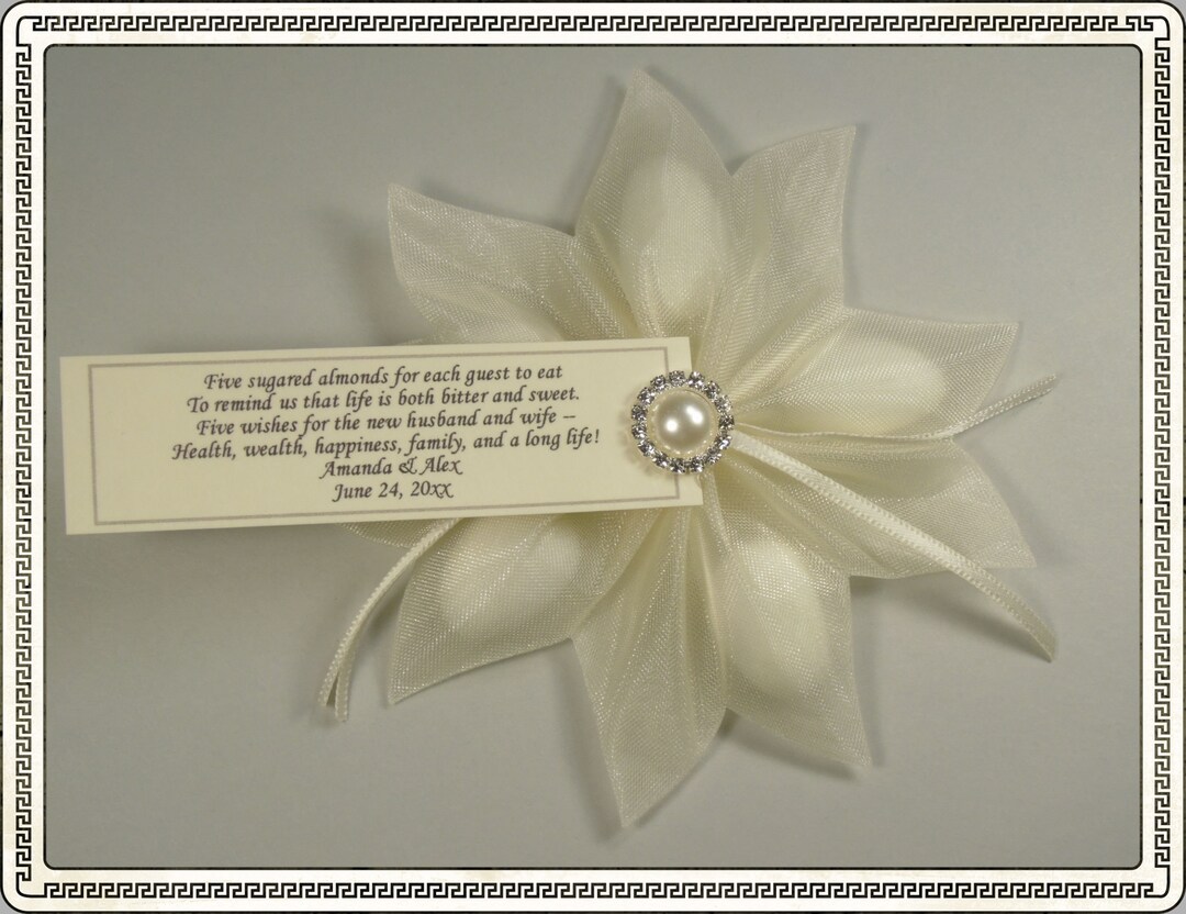25 Ivory Jordan Almond Ribbon Flower Favors With Ivory Pearl Etsy