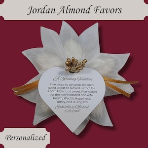 White Jordan Almond Ribbon Flower Favors with Gold Berry Accent and Heart Favor Tag Wedding Bridal Shower Favors