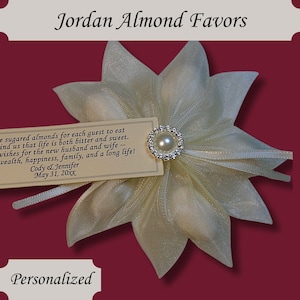 Ivory Jordan Almond Ribbon Flower Favors with Ivory Pearl Rhinestone Accent and Favor Tag Wedding Bridal Shower Favors
