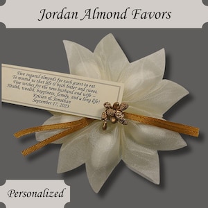 Ivory Jordan Almond Ribbon Flower Favors with Gold Berry Accent and Favor Tag Wedding Bridal Shower Favors