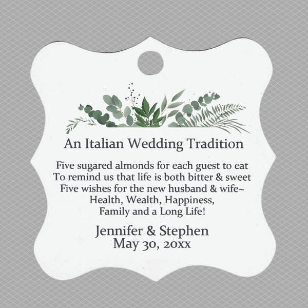 Jordan Almond Wedding Bridal Shower Favor Tag Italian Tradition Five Wishes Poem Personalized