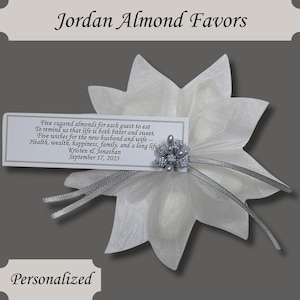White Jordan Almond Ribbon Flower Favors with Silver Berry Accent and Favor Tag Wedding Bridal Shower Favors