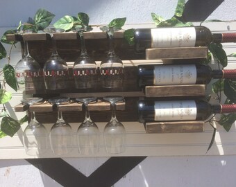 DISTRESSED Wooden wall mounted wine rack that holds 3 bottles 8 glasses. Home Decor Kitchen, Housewarming, Christmas Gift