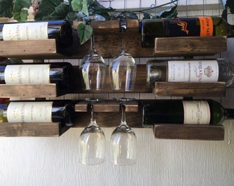 DISTRESSED.  Wooden  wine rack holds 6 bottles 4 glasses. Wood Wine Rack Hanging, Custom made.  Fathers Day