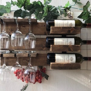 DISTRESSED. Wooden wall mounted wine rack holds 3 bottles 6 glasses.Wood Wine Rack Hanging, Custom made.  Fathers Day