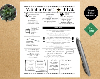 1974 PRINTABLE Year you were Born | Back in | Graduation | Remember when | Year in Review | Birthday Gift | Instant download | DIY Printing