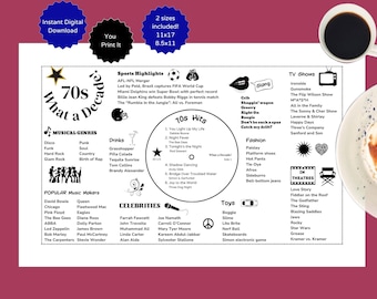 1970’s PRINTABLE Decade Born in | Trivia | Birthday Gift | Remember when | Party Decor | Placemat | Poster | Instant download | DIY Print