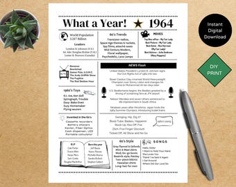 1964 PRINTABLE Year you were Born | Back in | Graduation | Remember when | Year in Review | Birthday Gift | Instant download | DIY Printing