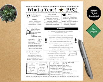 1952 PRINTABLE Year you were Born | Back in | Graduation | Remember when | Year in Review | Birthday Gift | Instant download | DIY Printing