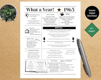 1965 PRINTABLE Year you were Born | Back in | Graduation | Remember when | Year in Review | Birthday Gift | Instant download | DIY Printing