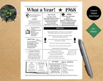 1968 PRINTABLE Year you were Born | Back in | Graduation | Remember when | Year in Review | Birthday Gift | Instant download | DIY Printing