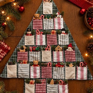 Könnte beinhalten: Ein Adventskalender aus Stoff in Form eines Weihnachtsbaums mit dunkelgrünem Karomuster und mehreren Reihen kleiner Taschen. Die Taschen bestehen aus verschiedenen rot-weiß karierten, gestreiften und cremefarbenen Stoffen und enthalten kleine Ornamente.