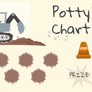 Può includere: Un grafico di allenamento per il vasino a tema edile con un escavatore dei cartoni animati, un cono di segnalazione e un blocco stradale. Il grafico ha 7 spazi per adesivi o timbri per tenere traccia dei progressi. Il testo "Potty Chart" e "PRIZE!" è incluso.