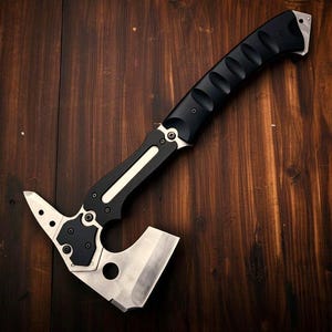 May include: A tactical axe with a black handle and a silver blade. The axe features a multi-tool head with a hammer, pry bar, and other functions. The handle has a textured grip. Designed for outdoor use, it is a versatile tool.