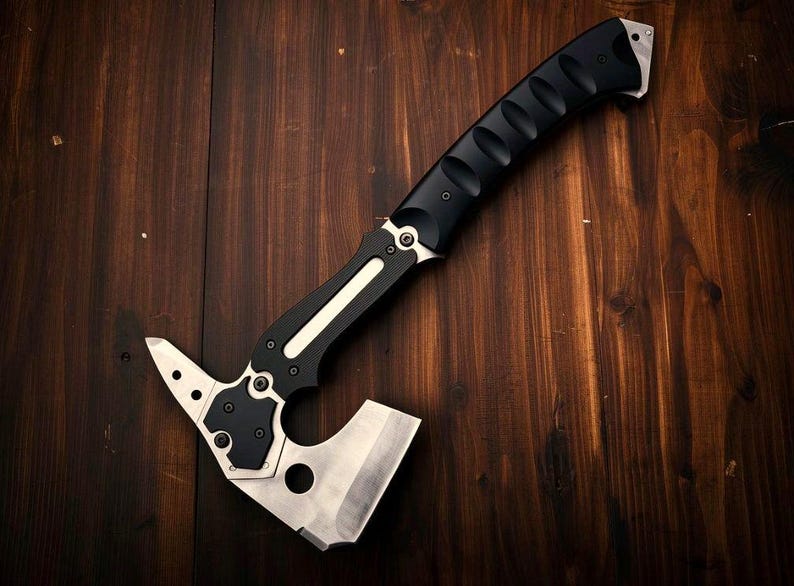 May include: A tactical axe with a black handle and a silver blade. The axe features a multi-tool head with a hammer, pry bar, and other functions. The handle has a textured grip. Designed for outdoor use, it is a versatile tool.