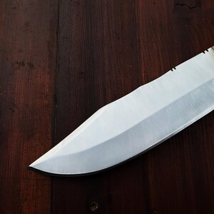 Puede incluir: Primer plano de un cuchillo de caza grande y pulido, con una hoja plateada y un mango con una virola de lat&oacute;n y un agarre texturizado de color claro. El cuchillo descansa sobre una superficie de madera marr&oacute;n oscuro.