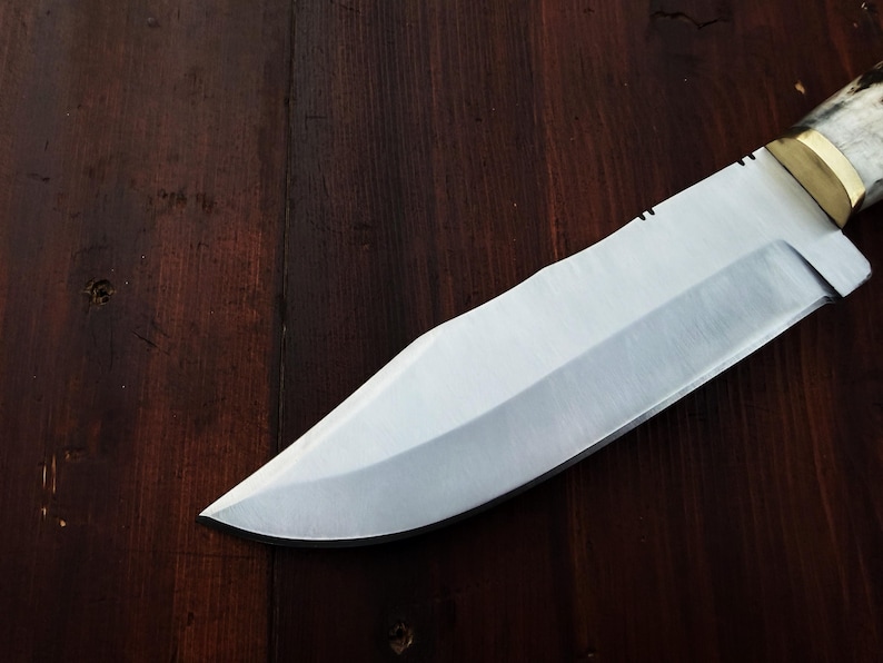 Puede incluir: Primer plano de un cuchillo de caza grande y pulido, con una hoja plateada y un mango con una virola de lat&oacute;n y un agarre texturizado de color claro. El cuchillo descansa sobre una superficie de madera marr&oacute;n oscuro.