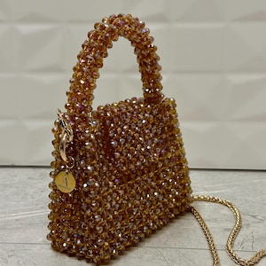 Caramel crystal bag, crystal beaded handbag, sparkling bag, rhinestone bag, shining bag, evening bag, prom handbag, beaded shoulder bag