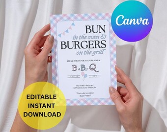 Baby-Que Gender Reveal Einladung bearbeitbare Vorlage Hinterhof BBQ Brötchen im Ofen Burger auf dem Grill Baby Boy oder Baby Girl Canva Digital