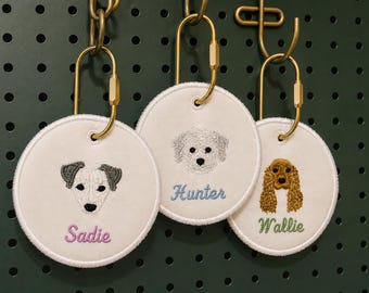 Custom Embroidered Dog Portrait Bag Tag | Pet Name Charm, Dog Mom Accessory
