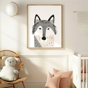 Woodland vivero lobo cartel decoración de la habitación del bebé, estampados de animales, decoración de la habitación de los niños, arte de la pared del bebé de género neutro, decoración de la habitación del niño pequeño, regalo para el bebé