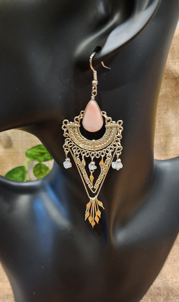 Peruvian pink onyx quartz long dangle handmade ear