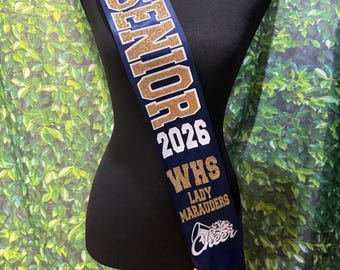 Wide Outline Text Senior Sash -  Cheerleading  Dance Color Guard Soccer Senior Sash - Customize Colors | Optional Pin Bow & Back Text