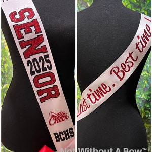 Outline Text Senior Sash -  Cheerleading  Cheer Dance Color Guard Soccer Senior Sash - Customize Colors | Optional Pin Bow & Back Text