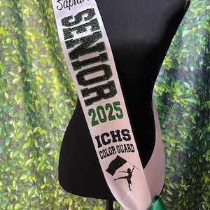 Wide Outline Text Senior Sash -  Cheerleading  Dance Color Guard Soccer Senior Sash - Customize Colors | Optional Pin Bow & Back Text