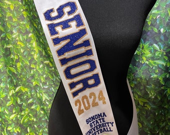 Wide Outline Text Senior Sash -  Softball Lacrosse Tennis Dance Color Guard Soccer Senior Sash -  Customize | Optional Back Text & Pin Bow