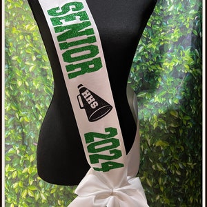 Cheer Senior Sash -  Senior Night Sash - Megaphone Cutout Cheer Sash - Wide Sash - Customize Colors | Optional Pin Bow & Back Text