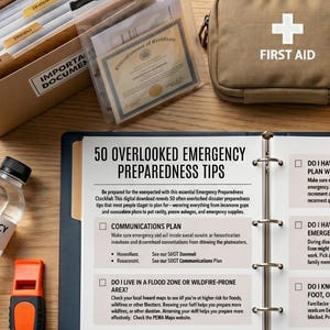 May include: An assortment of emergency preparedness items on a wooden surface. Includes a first aid kit, water bottle, whistle, notebook, radio, and a binder with the text "50 Overlooked Emergency Preparedness Tips".