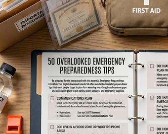 May include: An assortment of emergency preparedness items on a wooden surface. Includes a first aid kit, water bottle, whistle, notebook, radio, and a binder with the text "50 Overlooked Emergency Preparedness Tips".