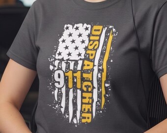 911 Dispatcher Thin Gold Line Flag Tee Shirt Emergency Call Center Operator Gift Unisex First Responder Support Graphic Tee Patriotic Wear
