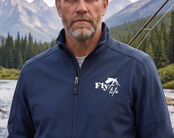 May include: A navy blue zip-up jacket featuring a white logo on the chest that reads Fly Life. The jacket has a high collar, long sleeves, and zippered pockets. It is worn over khaki pants, with a fishing rod held in one hand.