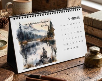 May include: A spiral-bound desk calendar for September featuring a watercolor illustration of a person fishing by a lake with mountains in the background. The text reads The Contemplative Man's Recreation and Izaak Walton above the illustration.