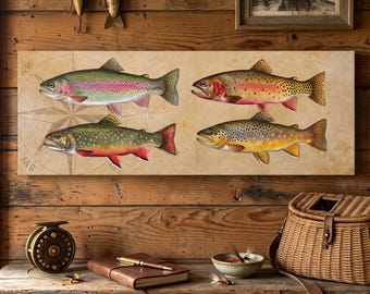 May include: A rectangular wall art print featuring four distinct freshwater fish illustrations arranged on a beige background with a compass rose design. The artwork displays a rainbow trout, a brook trout, a brown trout, and a cutthroat trout.