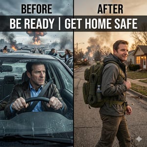 May include: A split image shows a man in a car during a disaster and the same man walking with a backpack. The text reads "BEFORE BE READY | GET HOME SAFE" and "AFTER". The man in the car looks stressed, while the man with the backpack looks calm.
