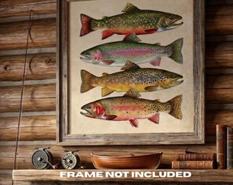 May include: A rectangular wall art print featuring four distinct fish illustrations stacked vertically, enclosed in a rustic wooden frame. The print displays a brook trout, rainbow trout, brown trout, and another trout species with detailed scales and fins.