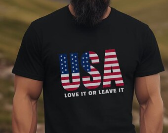 Tシャツ USA Love It or Leave It、愛国心あふれるシャツ、旗、誇り高きアメリカ人、自由、アメリカ国旗、アメリカ合衆国、USAシャツ、ギルダン 5000