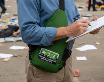 May include: A green sling bag with a black strap and a white rectangular patch featuring the text CERT COMMUNITY EMERGENCY RESPONSE TEAM, worn over a blue button-down shirt and khaki trousers while holding a clipboard with a pen in hand.