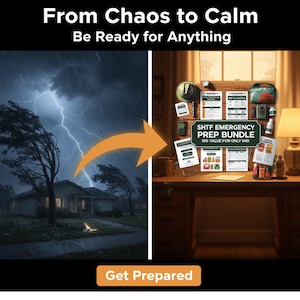 May include: The image shows a contrast between a storm and a prepared desk. Text reads "From Chaos to Calm, Be Ready for Anything." The desk displays an "SHTF Emergency Prep Bundle" with documents, a first aid kit, and other supplies. The call to action is "Get Prepared."
